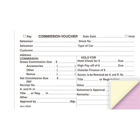 Asp Commission Voucher Gross/Net, 7 3/4" X 4 1/4"-3 Part, 100 Per Pack Pk 558